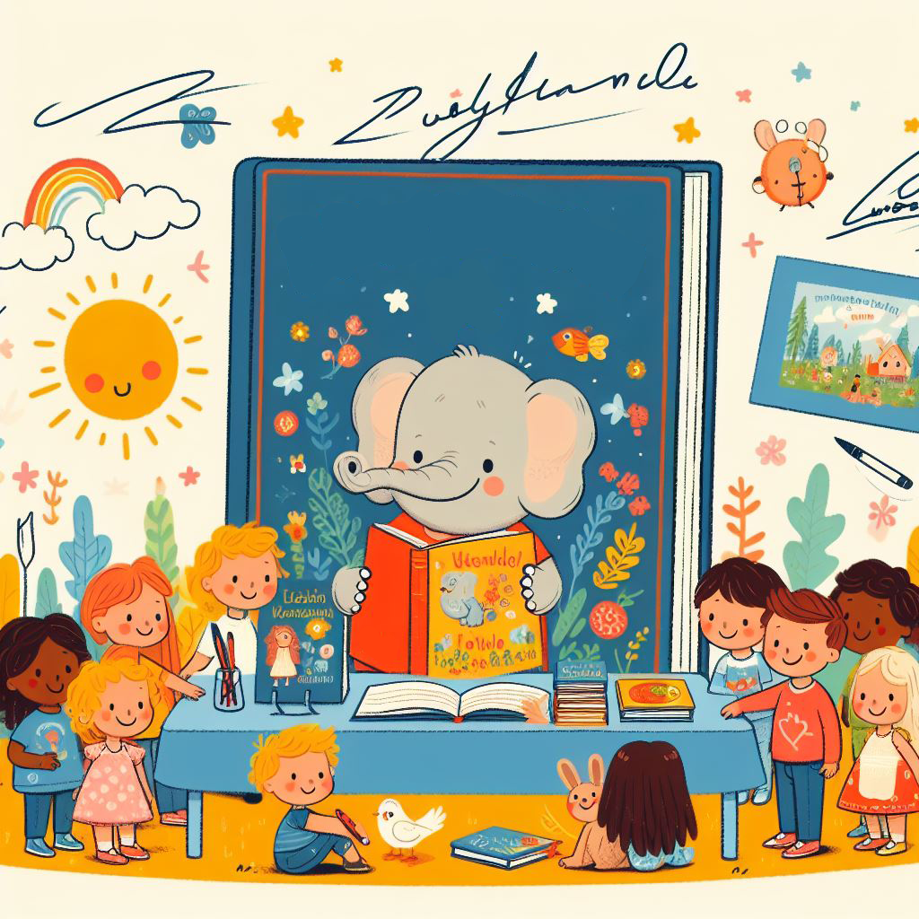 Obraz wygenerowany przez AI, przedstawia spotkanie dzieci ze słonikiem, autorem książek.